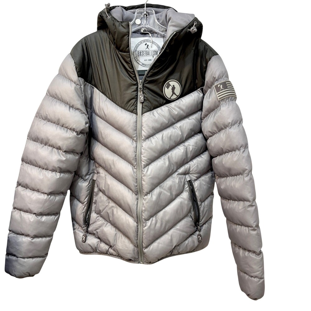 Baseballism Men's Wagner Winter Jacket Puffer Gray Flagman Hooded Medium RARE